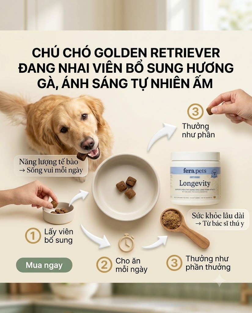Mẹo cho chó ăn Longevity viên nhai mềm dễ dàng mỗi ngày